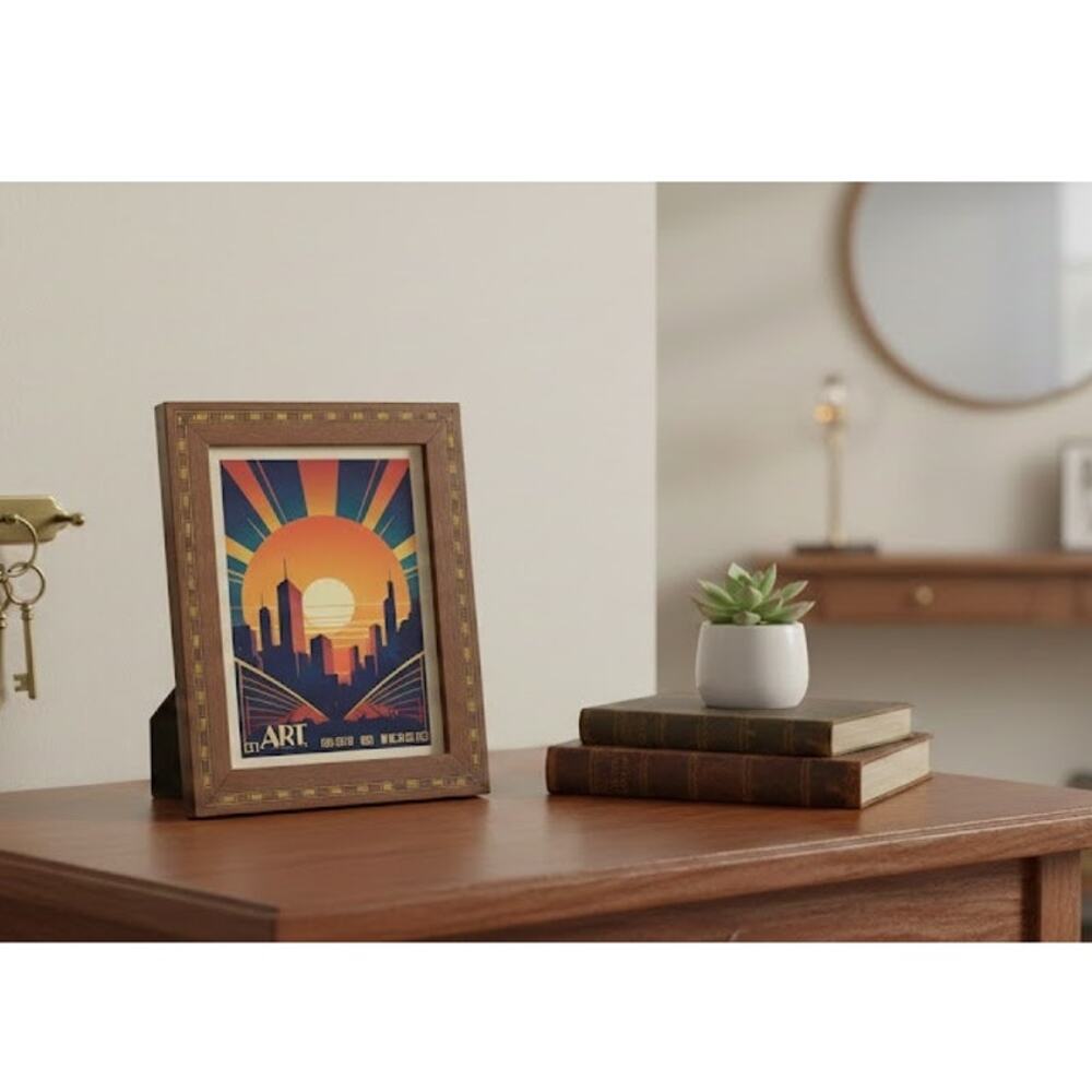 Vintage Brown Wooden Picture Frame Art Deco Decorative Veneer Inlay 5x7 Photo
